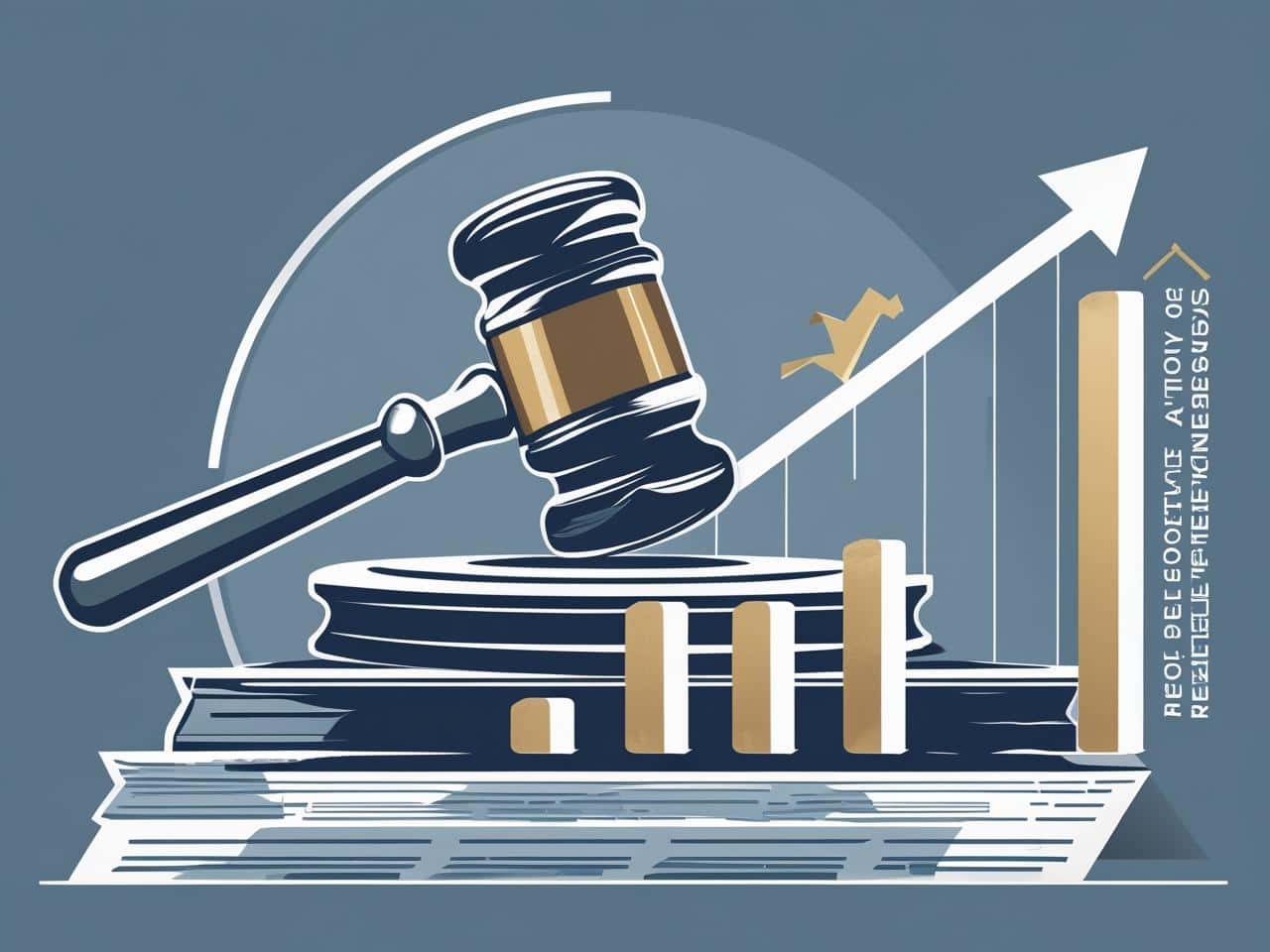Illustration of a judge’s gavel resting on legal books beside rising bar graphs and an upward arrow, symbolizing income growth and financial success—perfect for the topic how much does a real estate attorney make.