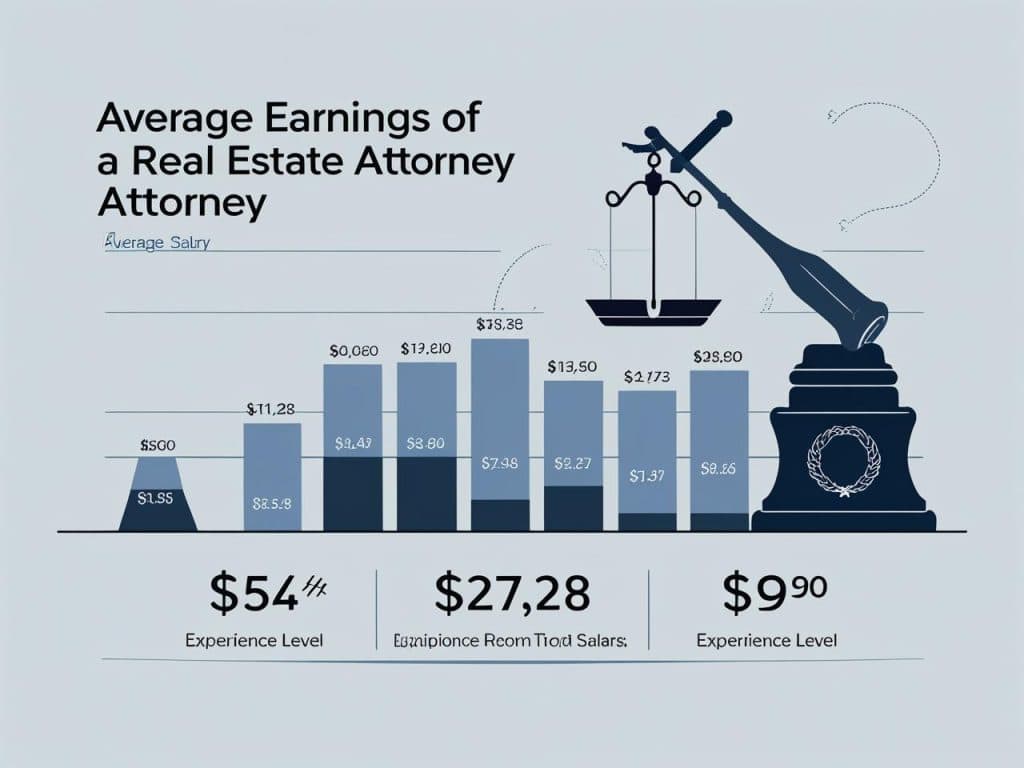 Infographic showing average earnings of a real estate attorney across different experience levels, with bar graphs, dollar amounts, and legal imagery—answering the question how much does a real estate attorney make.
